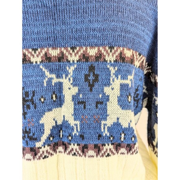 Vintage 1980s Women's Nordic Fair Isle Sweater Blue Ecru Reindeer Warm Winter - Picture 8 of 10